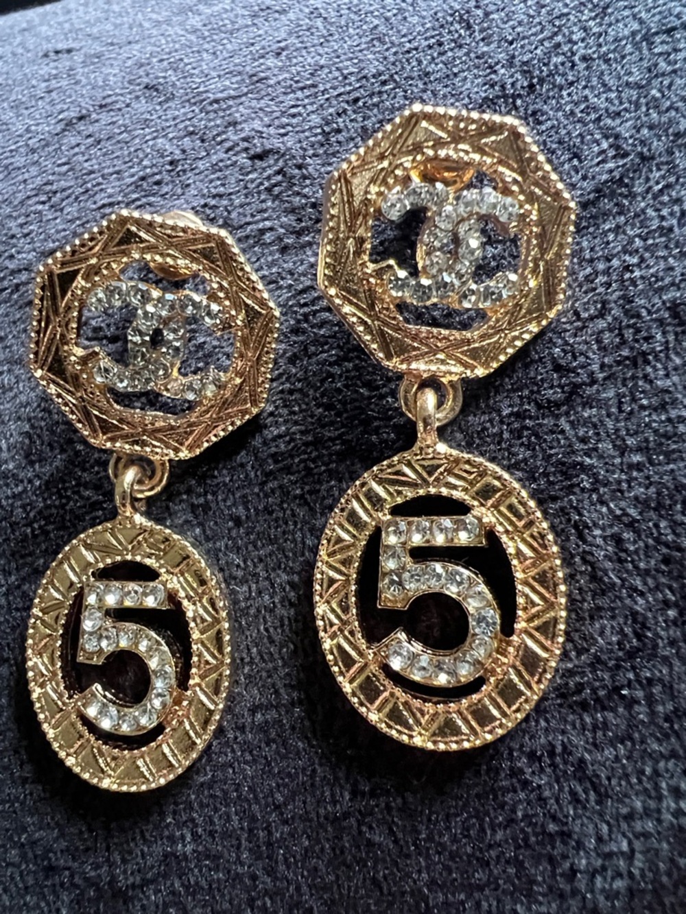 CHANEL Gold-Tone Black and Crystal Number 5 Drop Earrings